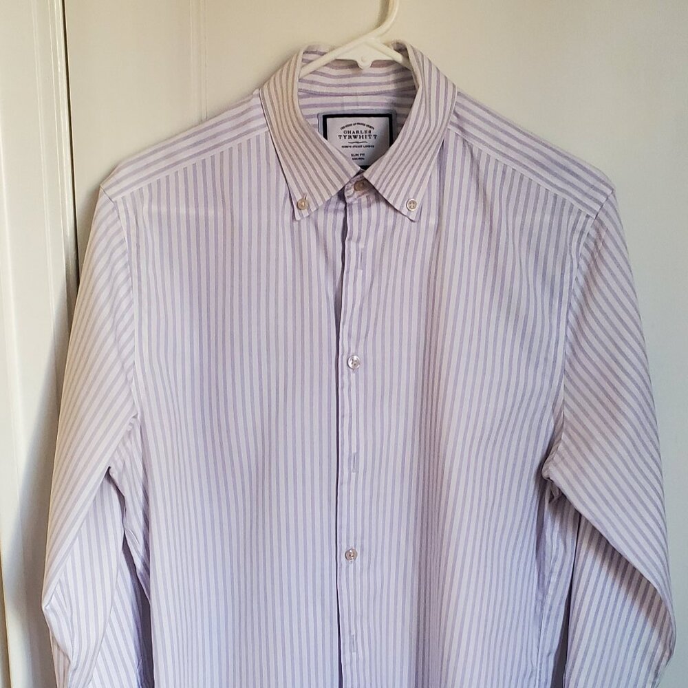 Charles Tyrwhitt non-iron slim-fit lavender stripe shirt, button-down collar